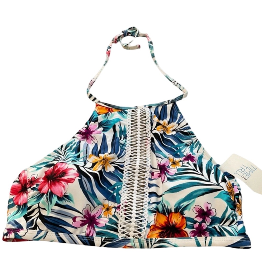 Time and Tru Tropical Floral Halter Bikini Swim Top Padded Cups M 8/10 - Picture 3 of 8